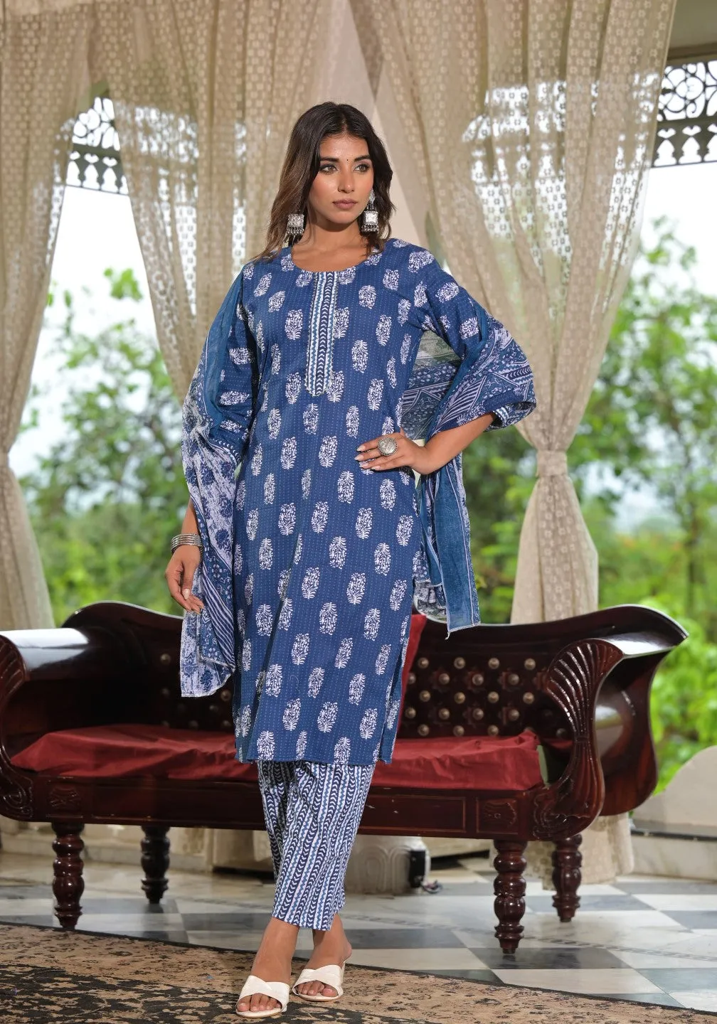 Navy Ethnic Motif Printed Cotton Kurta, Pant And Dupatta Set With Lace