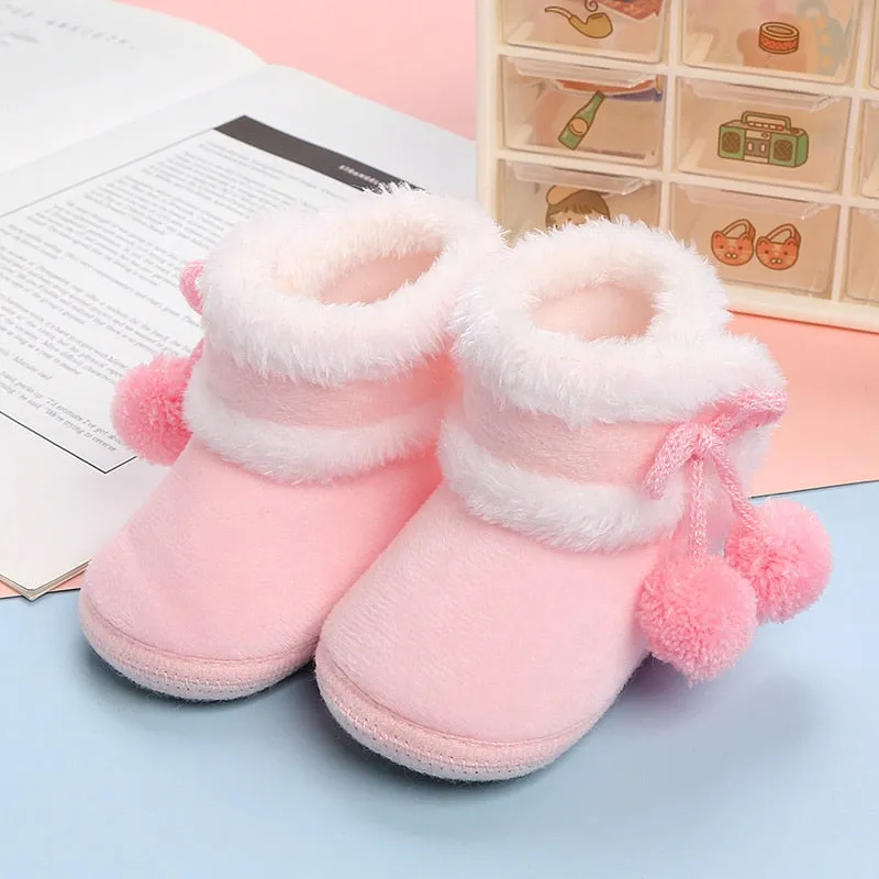 Newborn Baby Girls Soft Booties Solid Pompom Snow Boots Infant Toddler Newborn Warming Shoes - TGSH50686