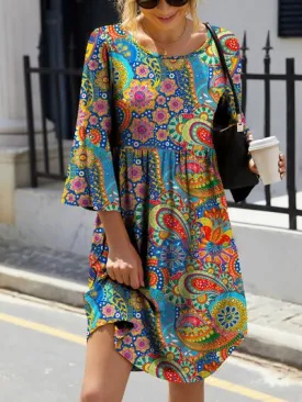 Paisley Print Round Neck Three-Quarter Sleeve Dress