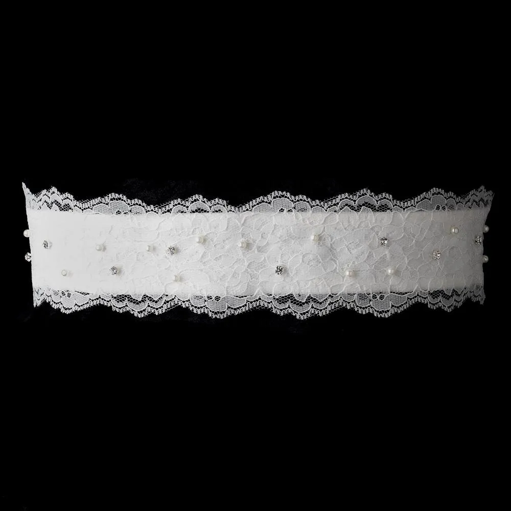 Pearls & Crystals on Embroidered Lace Wedding Sash