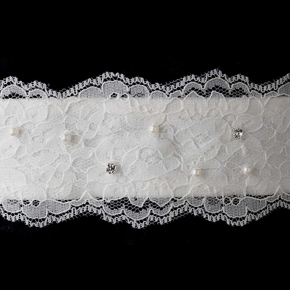 Pearls & Crystals on Embroidered Lace Wedding Sash