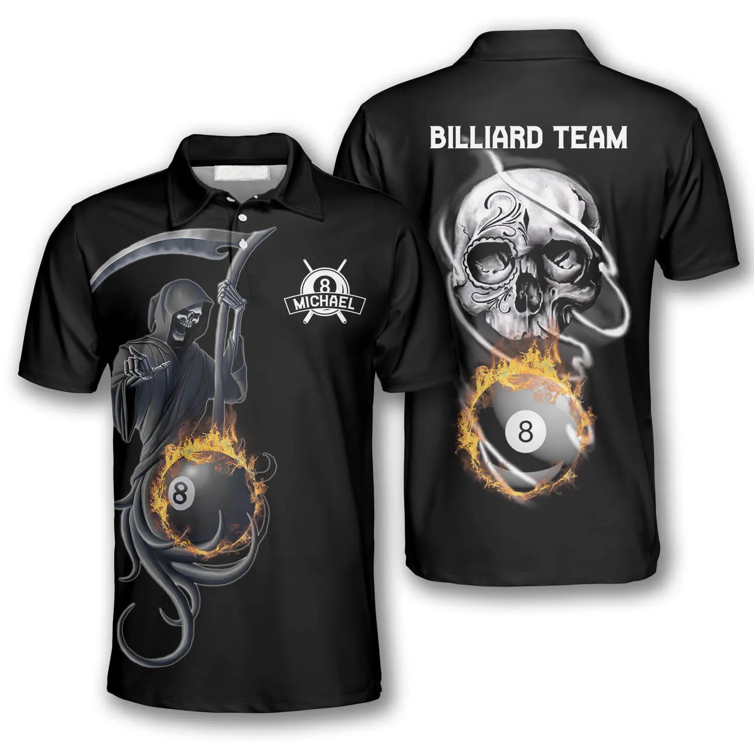 Personalized Grim Reaper Custom Billiard Polo Shirts for Men, Skull Shirt, Billiard Shirt