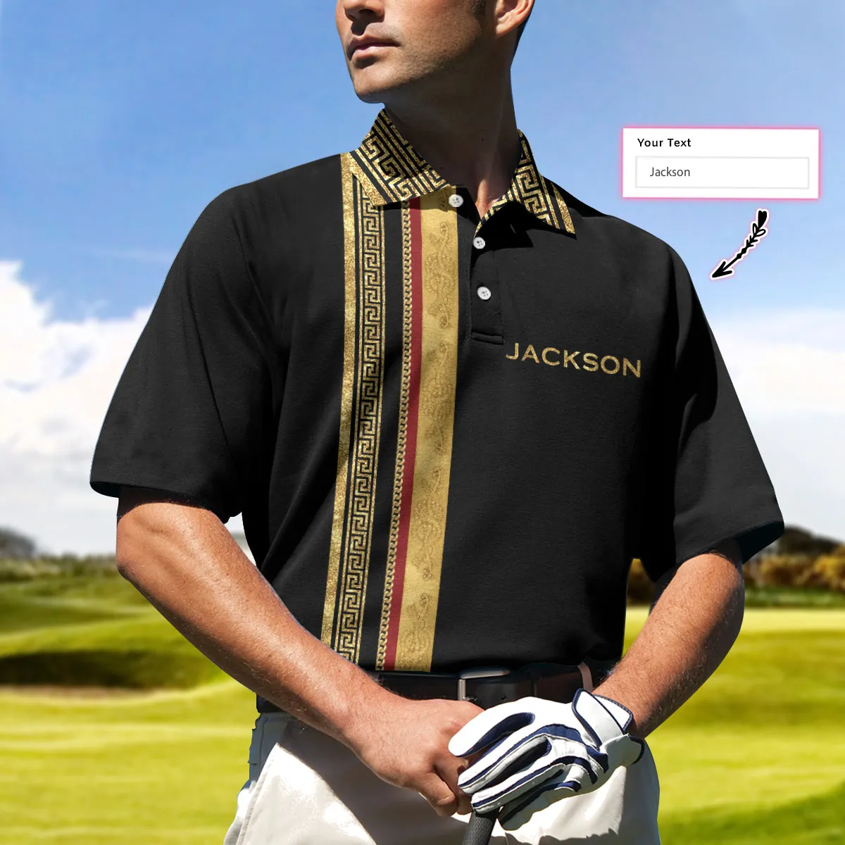 Personalized Luxury Baroque Pattern Golf Custom Polo Shirt, Golden Greek Key Pattern Golf Shirt For Men Coolspod