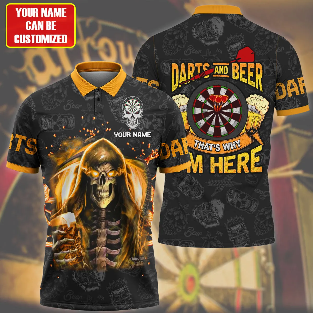 Personalized Name Darts Skull Beer All Over Printed Unisex Shirt