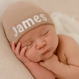 Personalized Newborn Baby Boy Hospital Nursery Beanie Hat Infant Hat Newborn Hat, Tan Color