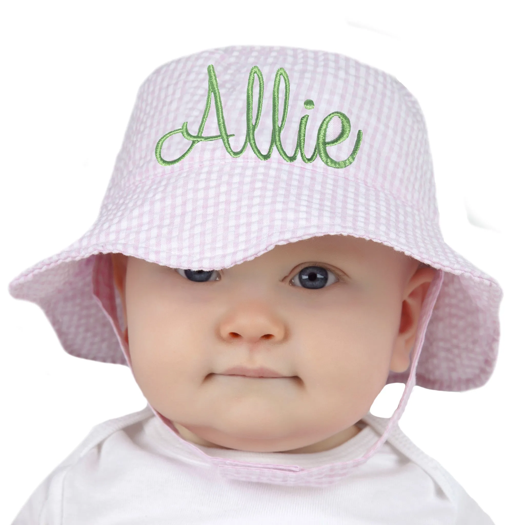 Pink & White Seersucker Personalized Sun Hat for Baby and Toddler Girls Newborn Hats Infant Summer Hat