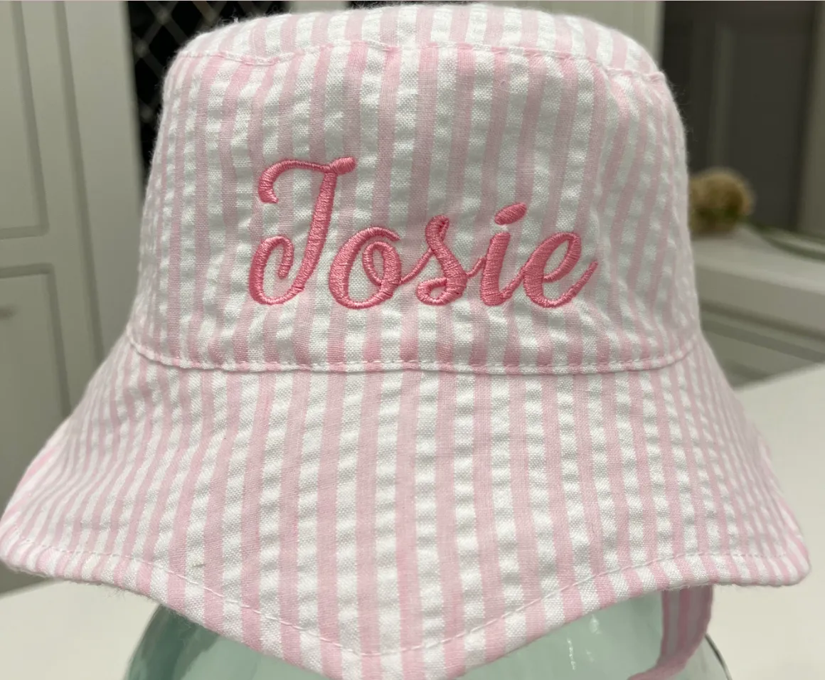 Pink & White Seersucker Personalized Sun Hat for Baby and Toddler Girls Newborn Hats Infant Summer Hat