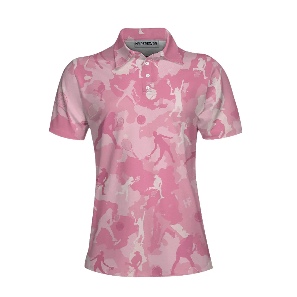 Pink Camouflage Tennis Girl Short Sleeve Women Polo Shirt, Camo Tennis Shirt For Ladies Coolspod