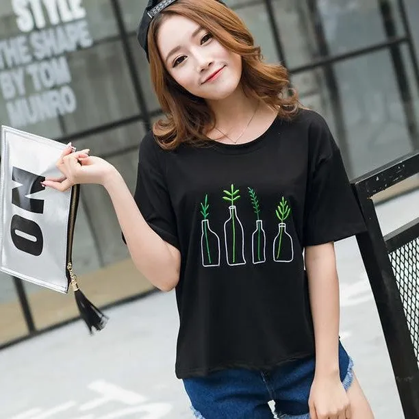 Plants n Bottle Embroidery Korean Style Shirt