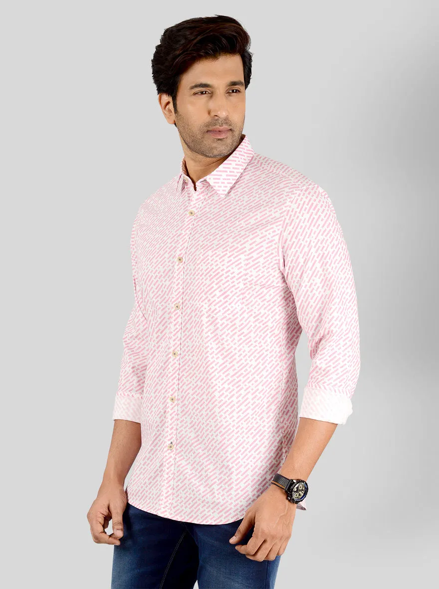 Powder Pink & White Printed Slim Fit Casual Shirt | JadeBlue