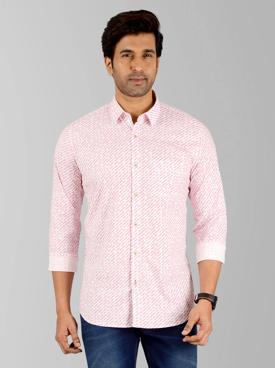 Powder Pink & White Printed Slim Fit Casual Shirt | JadeBlue