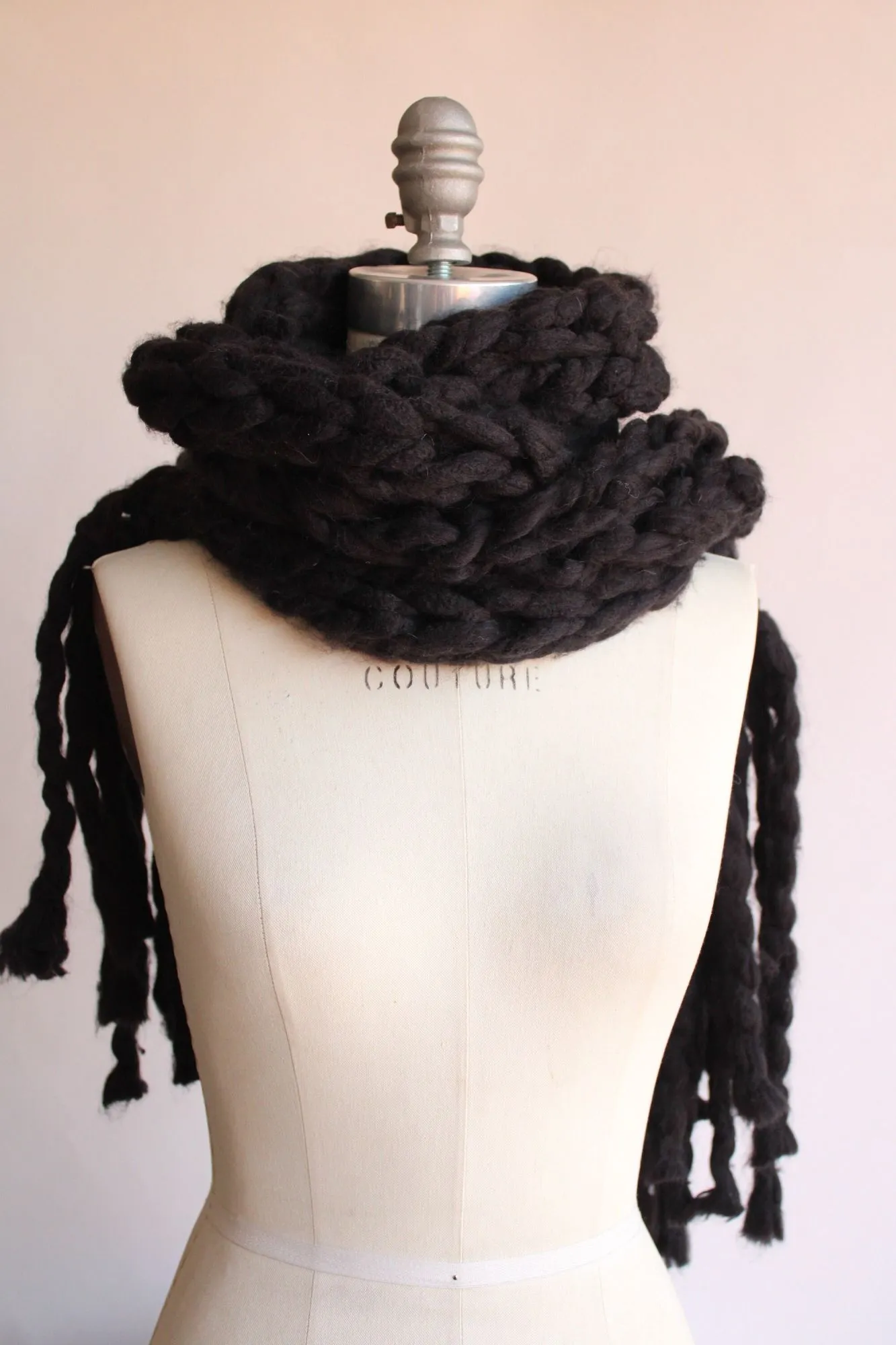 "Nightfall" Knit Scarf with Fringe, Extra Long In Chunky Black Yarn