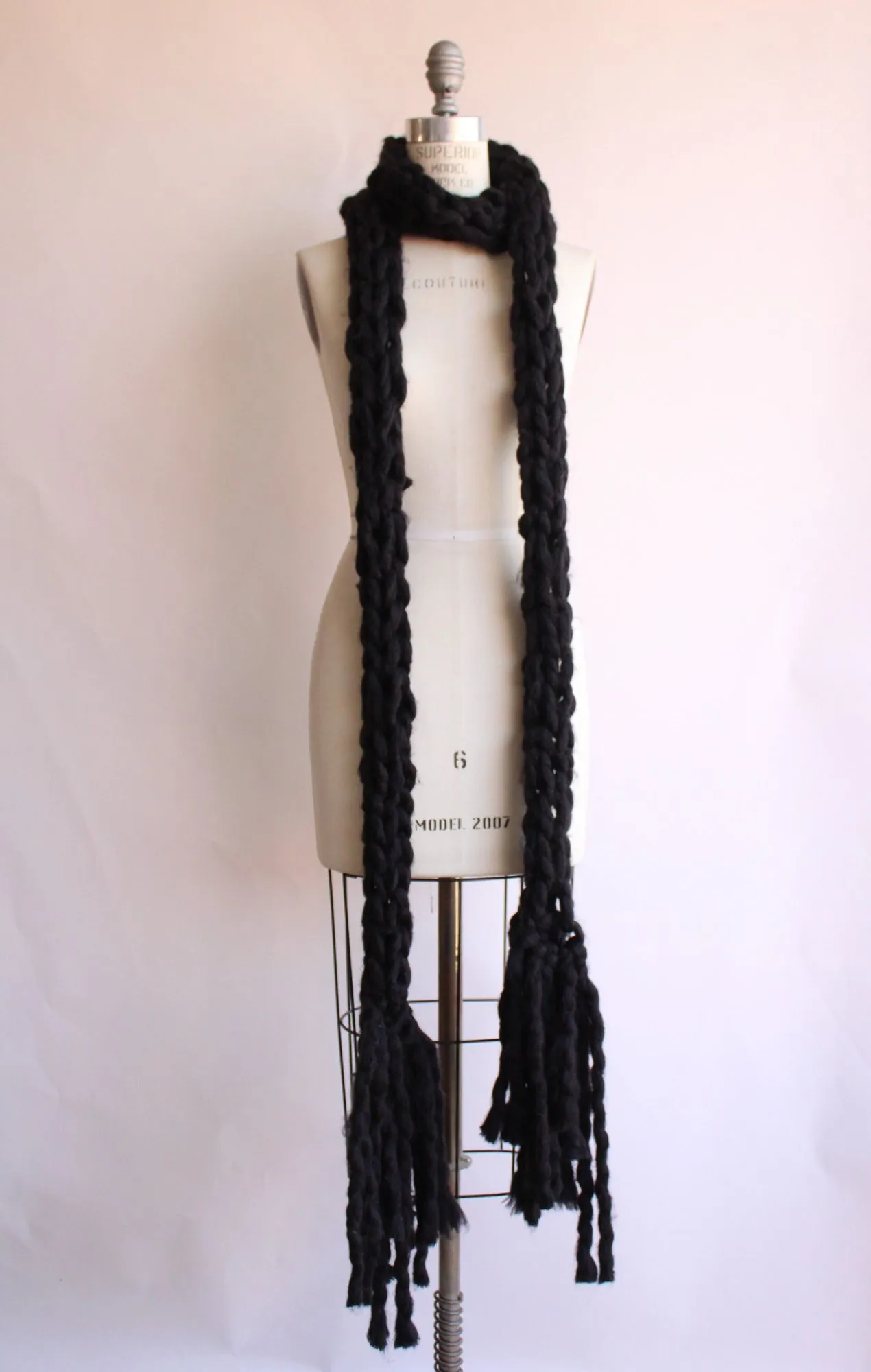 "Nightfall" Knit Scarf with Fringe, Extra Long In Chunky Black Yarn