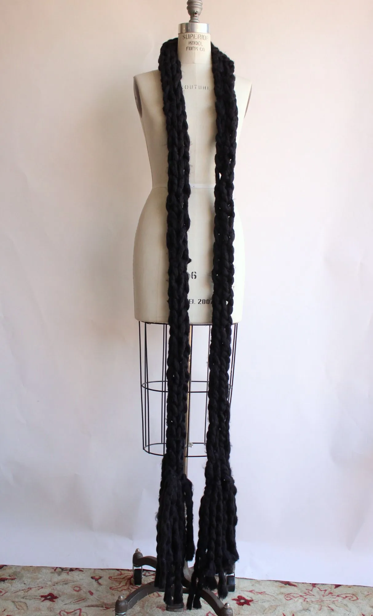 "Nightfall" Knit Scarf with Fringe, Extra Long In Chunky Black Yarn