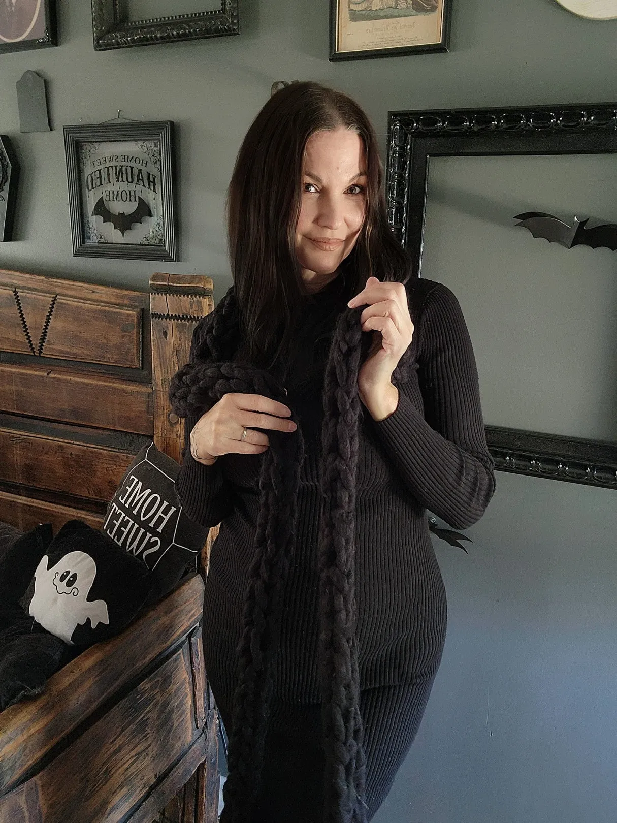 "Nightfall" Knit Scarf with Fringe, Extra Long In Chunky Black Yarn