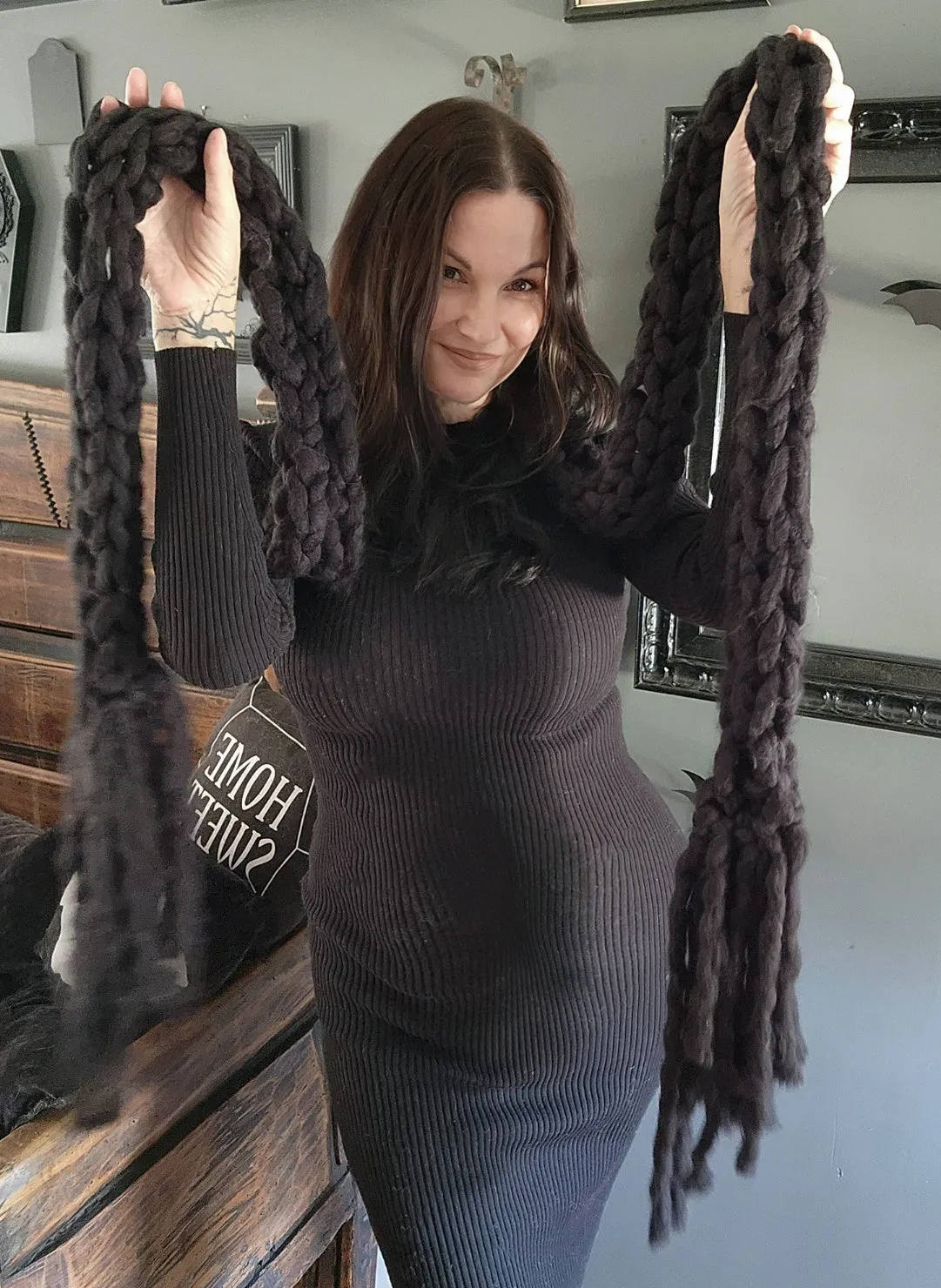 "Nightfall" Knit Scarf with Fringe, Extra Long In Chunky Black Yarn