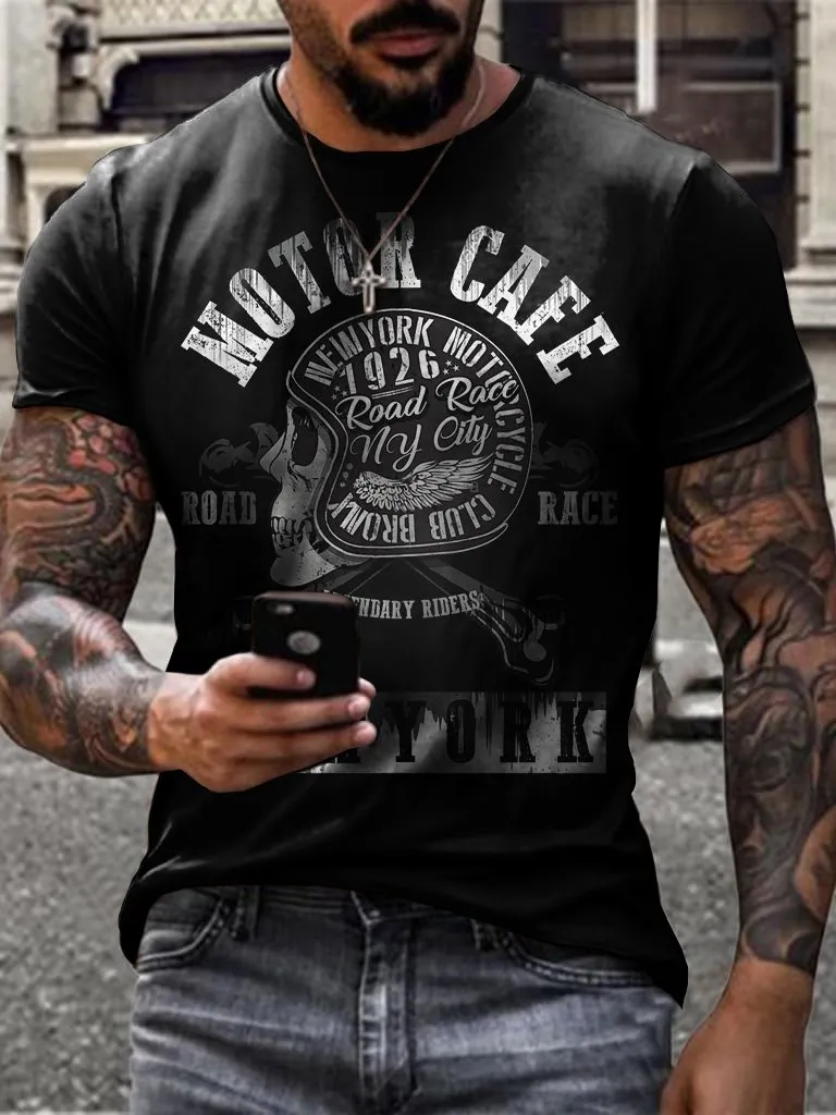 Retro Motorcycle Skull Print T-Shirt