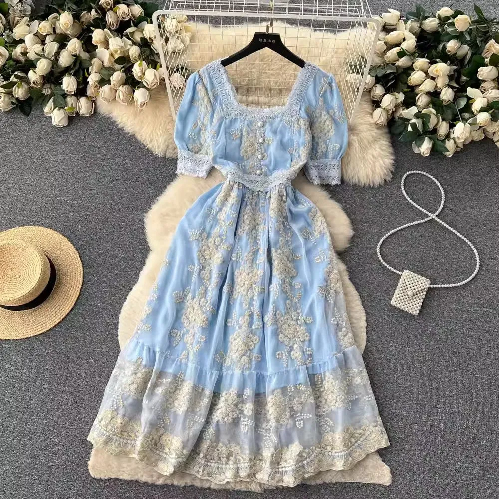 retro style dress for women lace embroidery square neck sweet princess dress     S4613