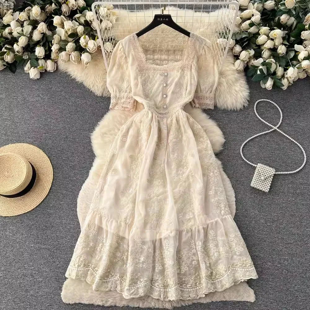 retro style dress for women lace embroidery square neck sweet princess dress     S4613