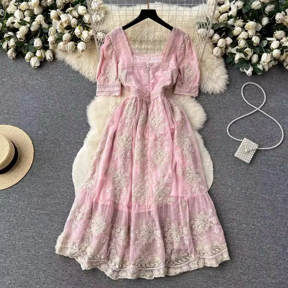 retro style dress for women lace embroidery square neck sweet princess dress     S4613