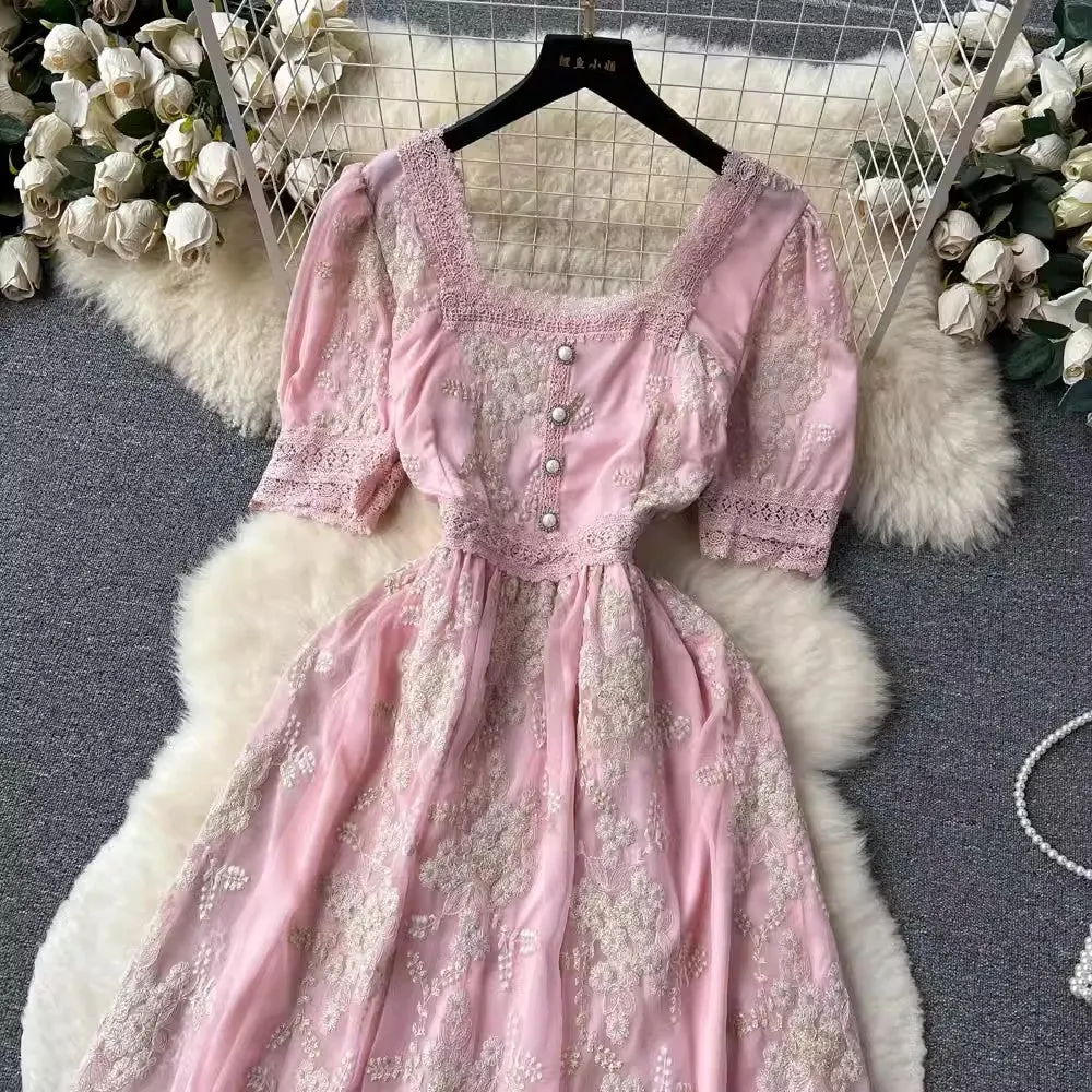 retro style dress for women lace embroidery square neck sweet princess dress     S4613