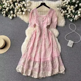 retro style dress for women lace embroidery square neck sweet princess dress     S4613