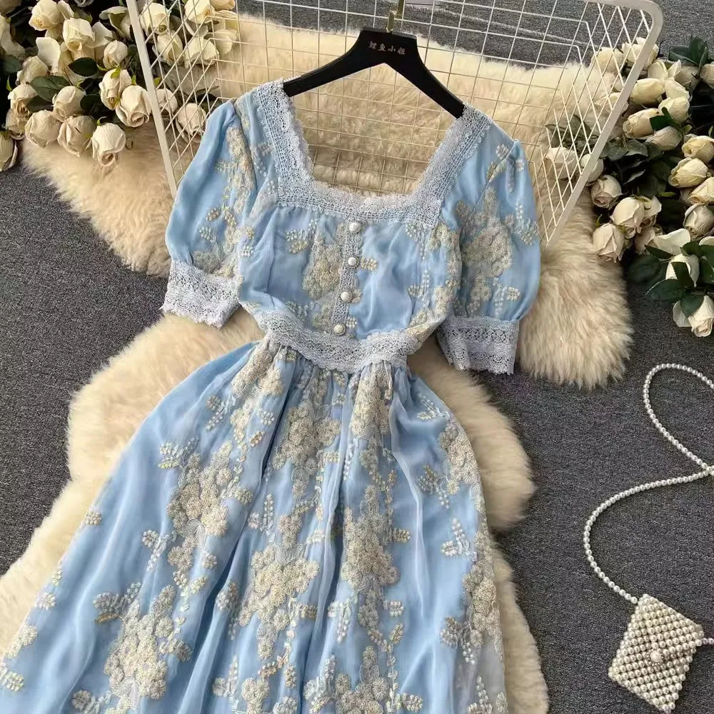 retro style dress for women lace embroidery square neck sweet princess dress     S4613