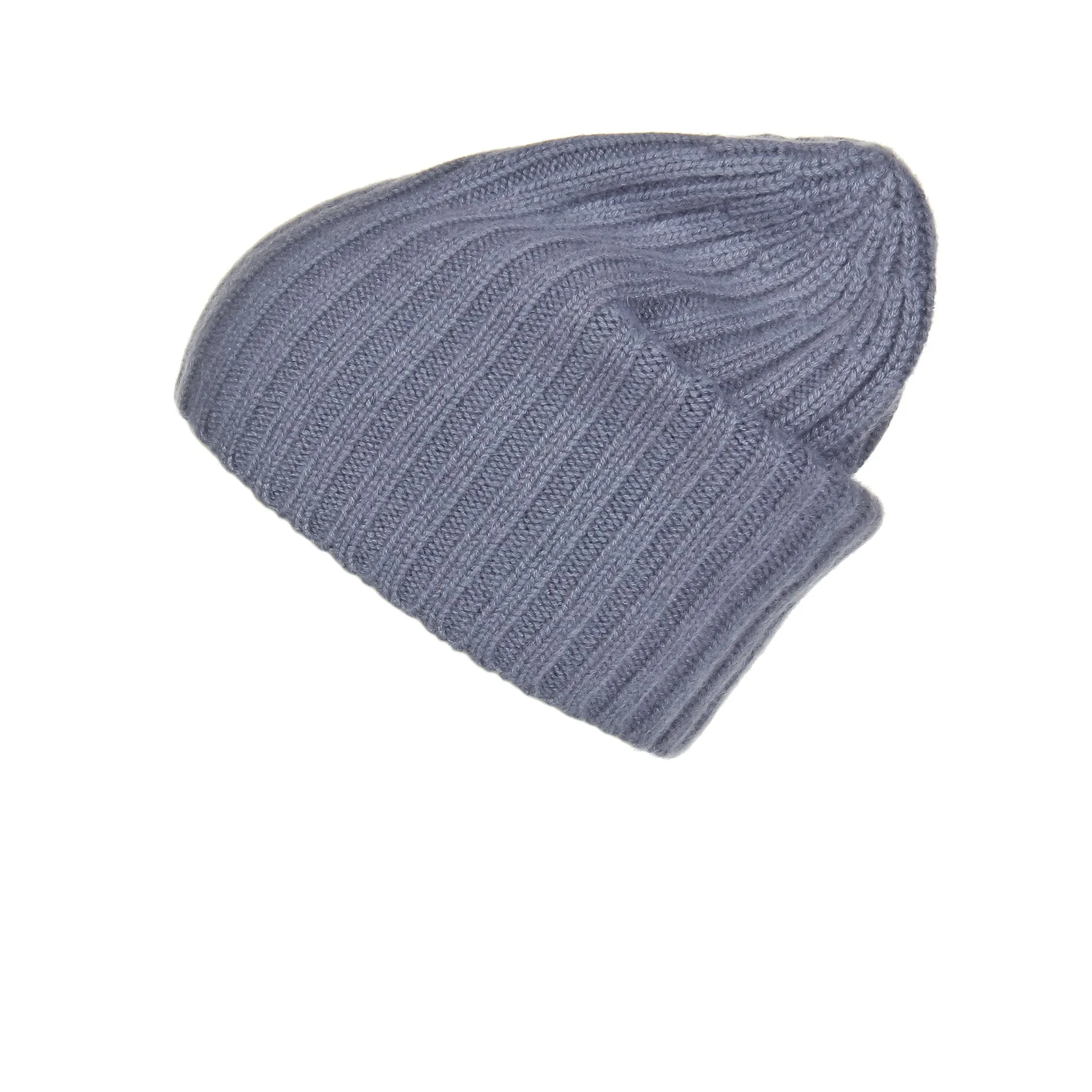 Ribbed Grey Cashmere Hat with Seafoam Pom-Pom