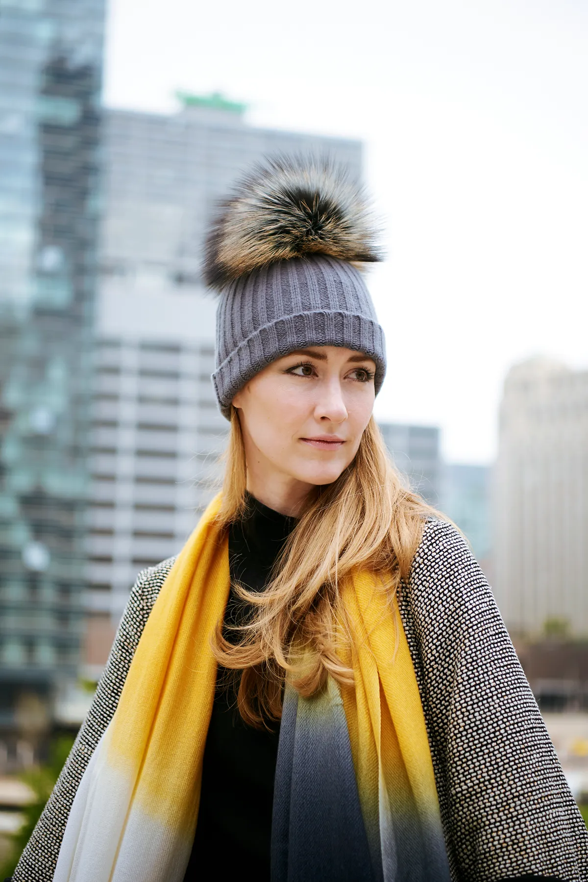 Ribbed Grey Cashmere Hat with Seafoam Pom-Pom