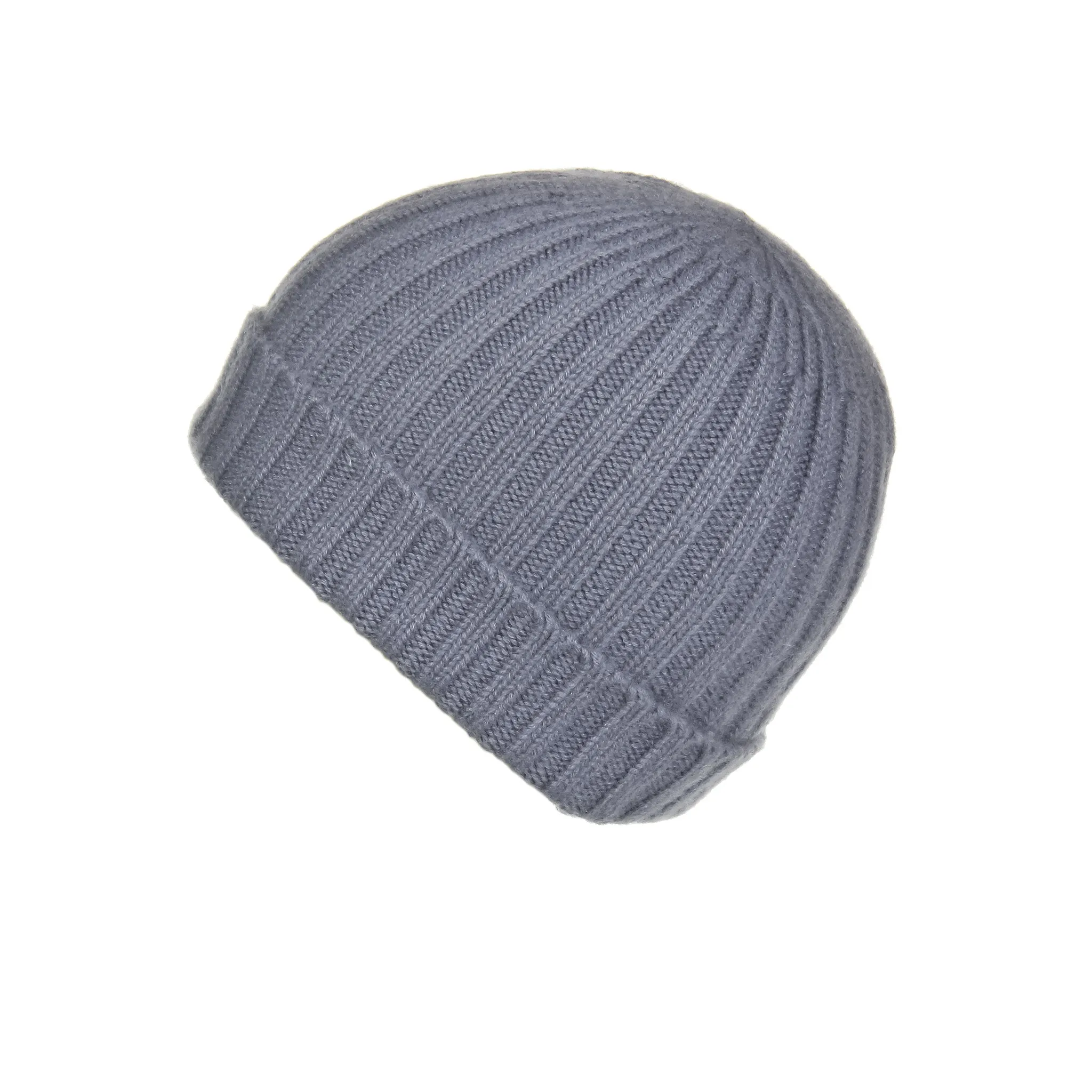 Ribbed Grey Cashmere Hat with Seafoam Pom-Pom