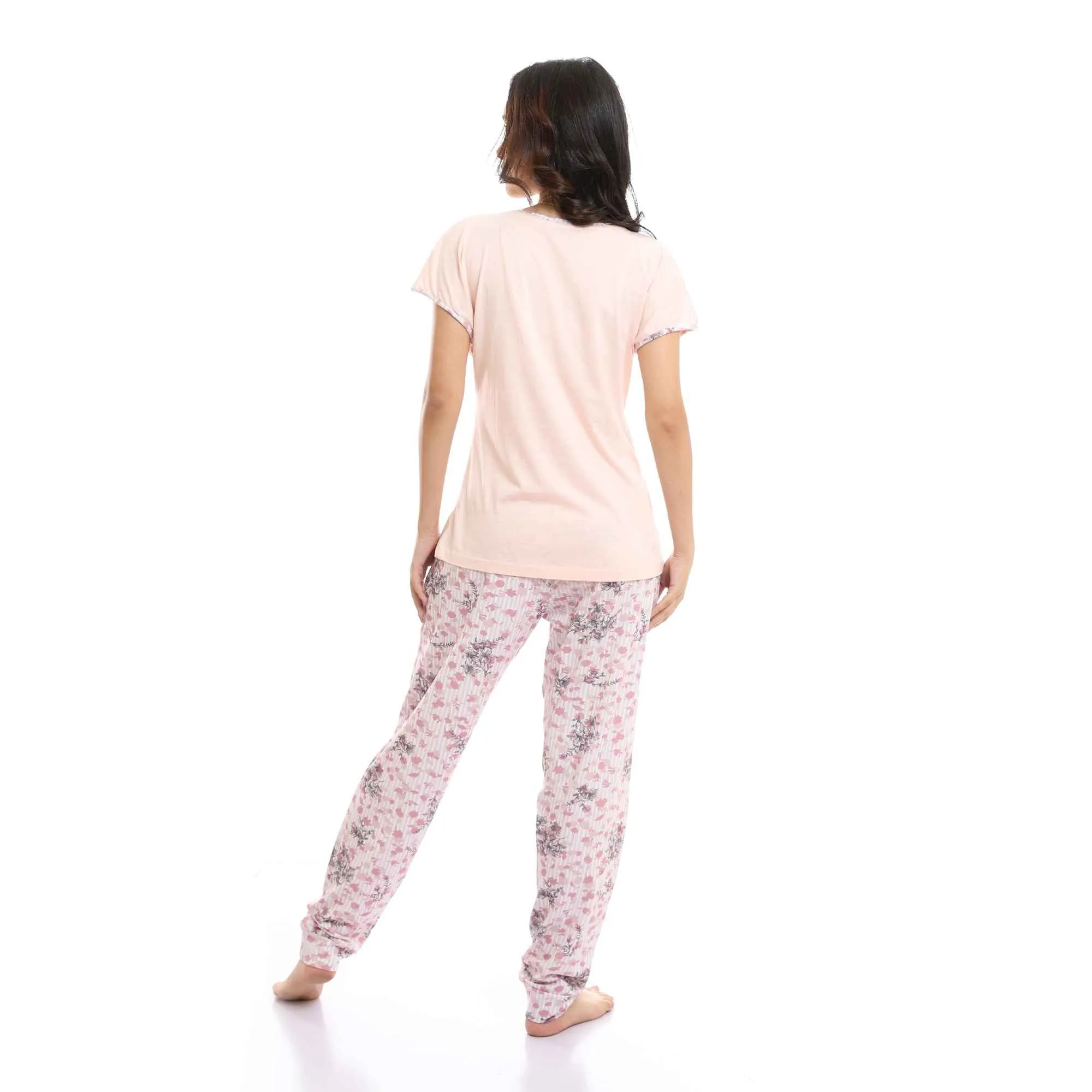 Short Sleeves Tee & Patterned Pants Pajama Set - Simon & White