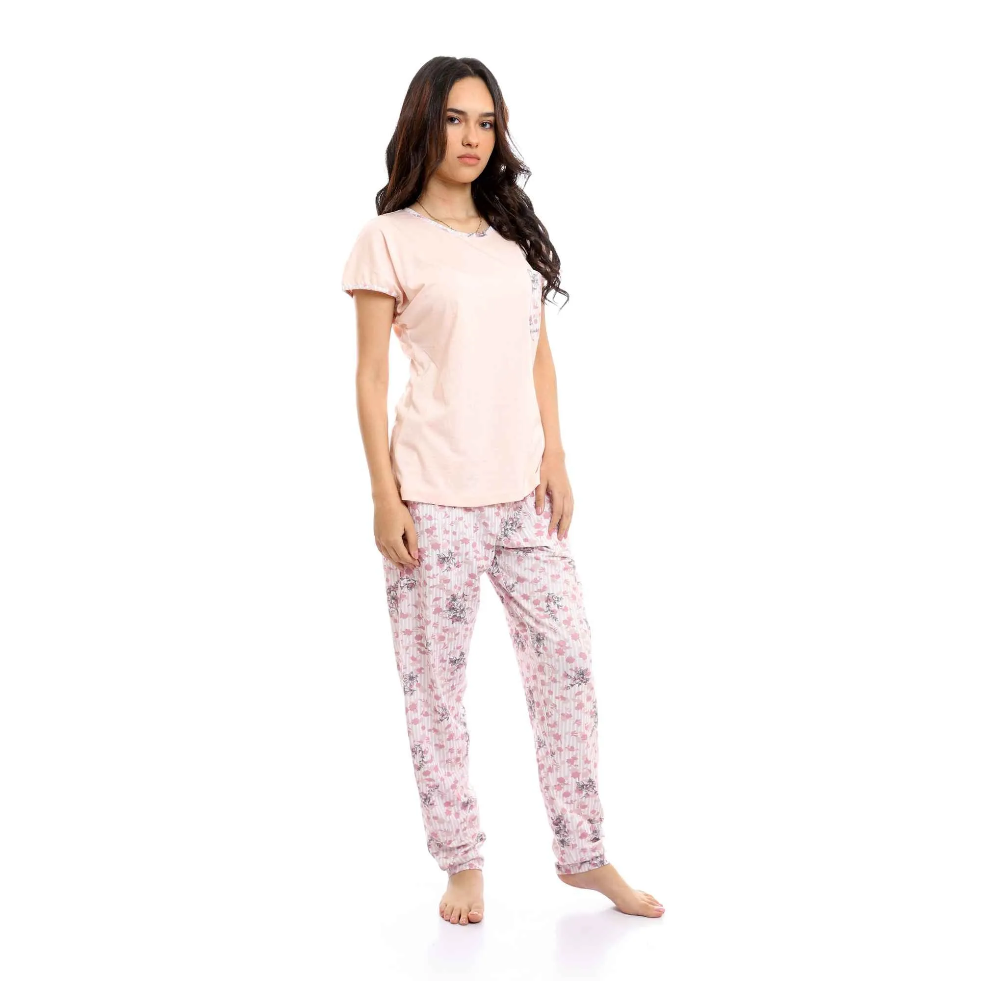 Short Sleeves Tee & Patterned Pants Pajama Set - Simon & White