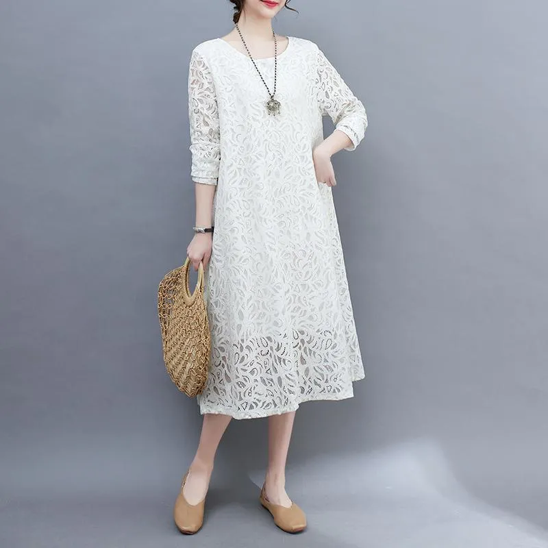 Slimming Lace Round Neck Solid Color Quality Plus Dress