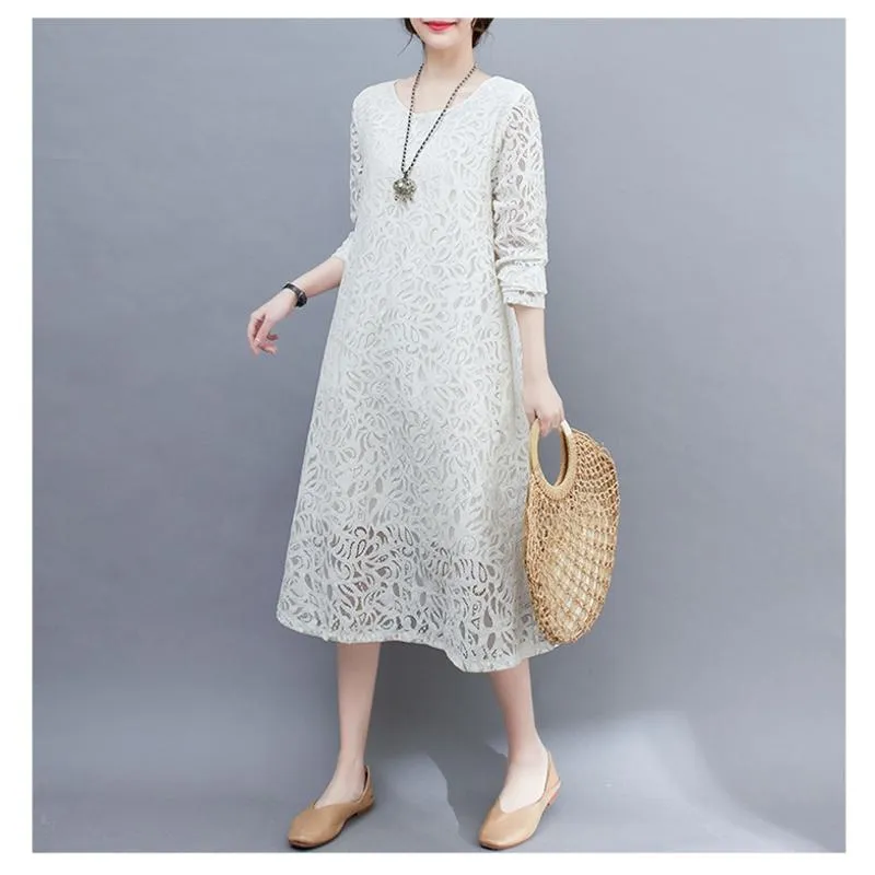 Slimming Lace Round Neck Solid Color Quality Plus Dress