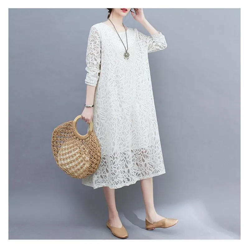 Slimming Lace Round Neck Solid Color Quality Plus Dress