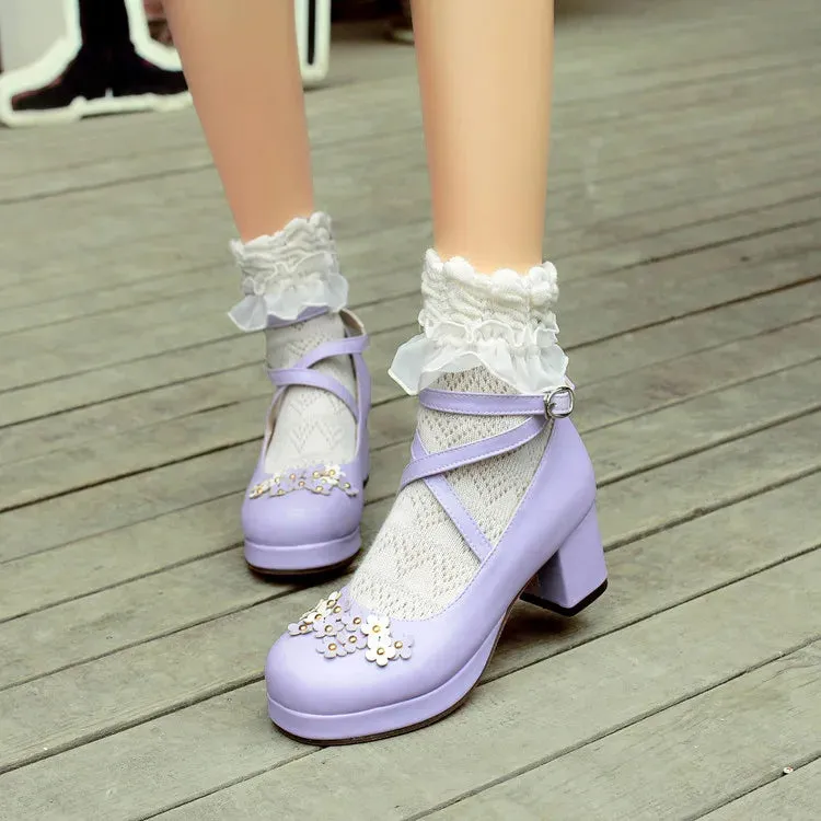 Sohiwoo Small Flower Lolita Shoes 5 Colors Leather Shoes Kawaii Girl Lolita Jk Uniform Loli Cos Women Shoes Cross Bandage Thick Heel