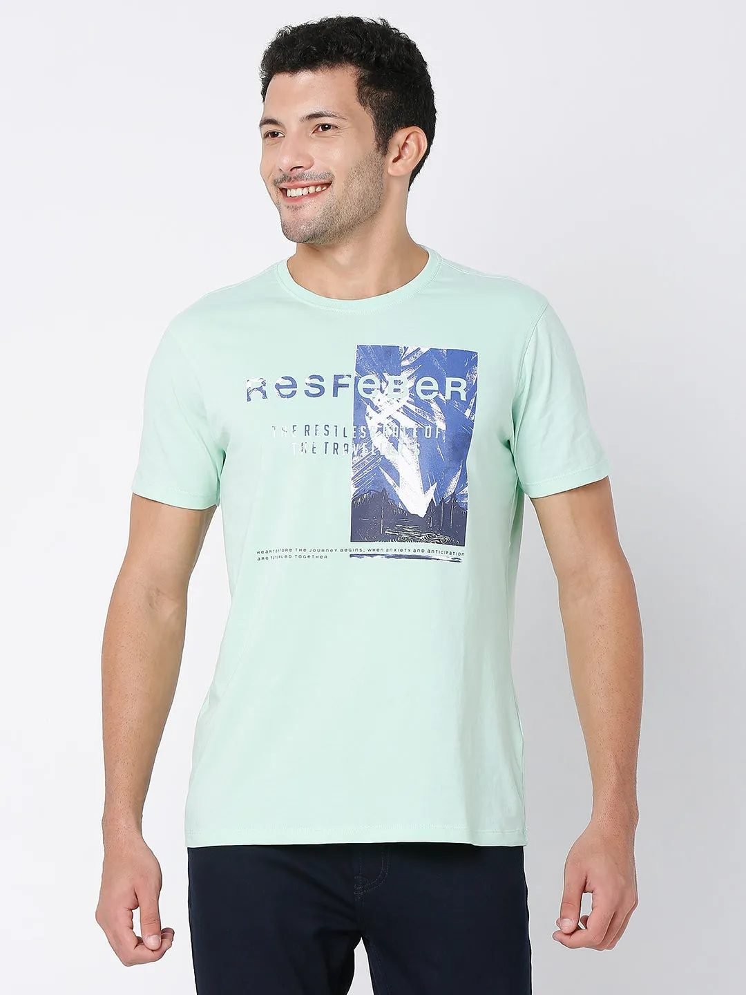 Spykar Ice Green Cotton Half Sleeve Printed Casual T-Shirt For Men