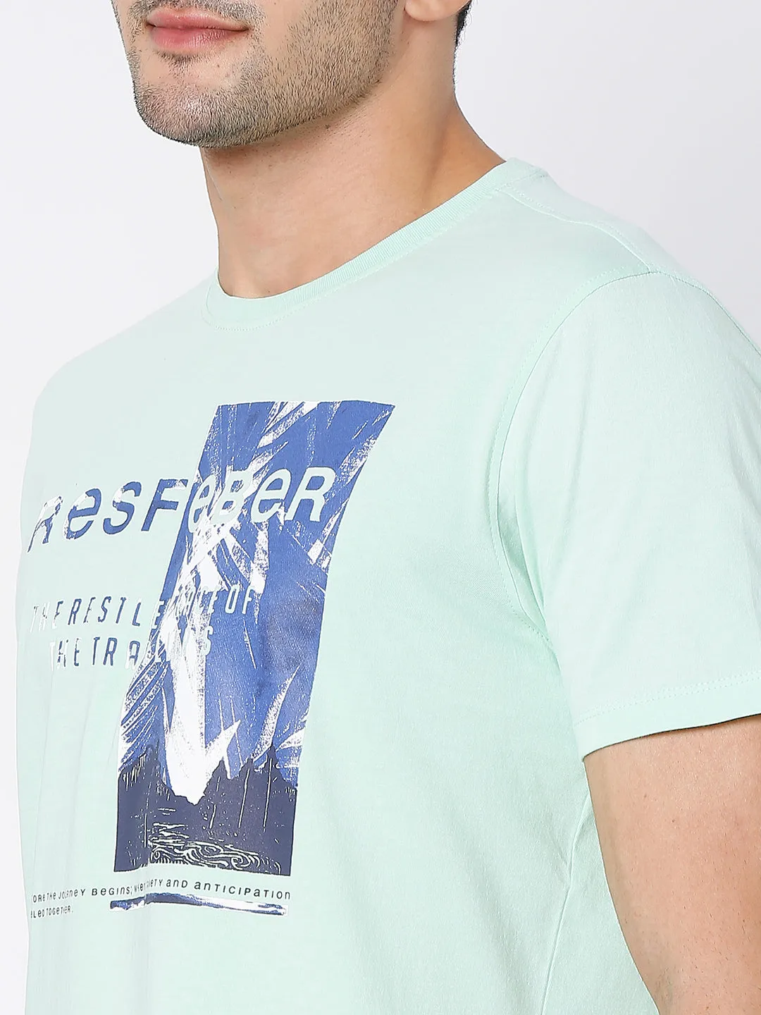 Spykar Ice Green Cotton Half Sleeve Printed Casual T-Shirt For Men