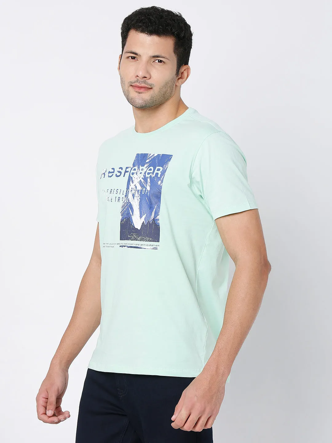 Spykar Ice Green Cotton Half Sleeve Printed Casual T-Shirt For Men