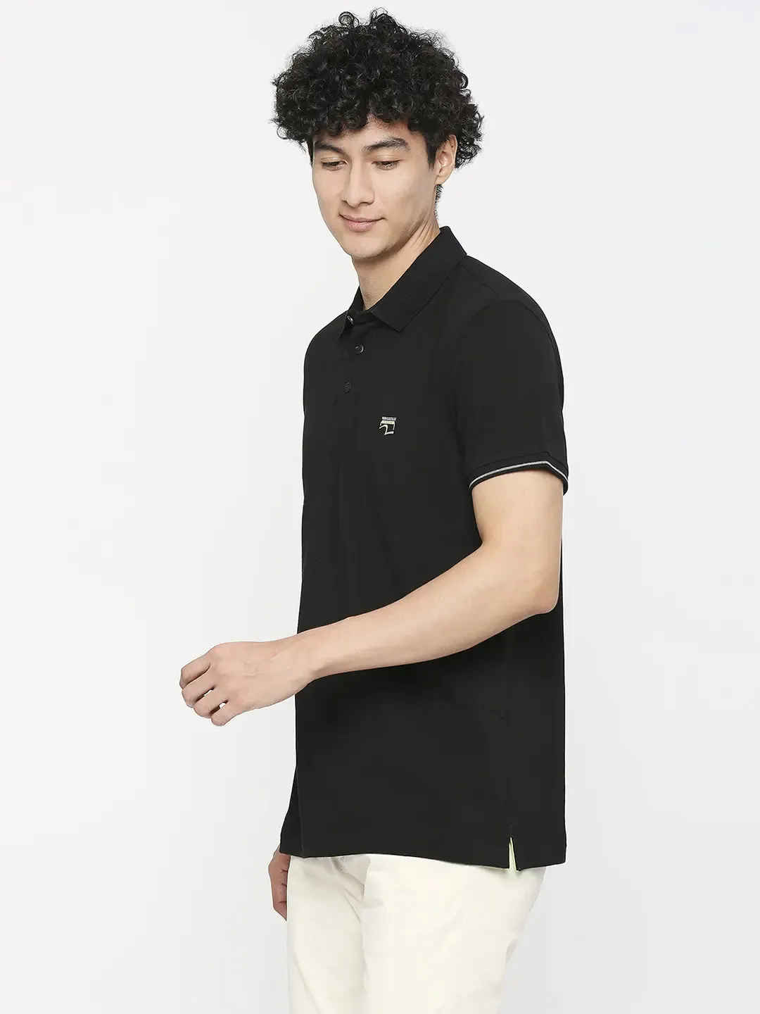 Spykar Men Black Cotton Slim Fit Plain Polo Neck Tshirt