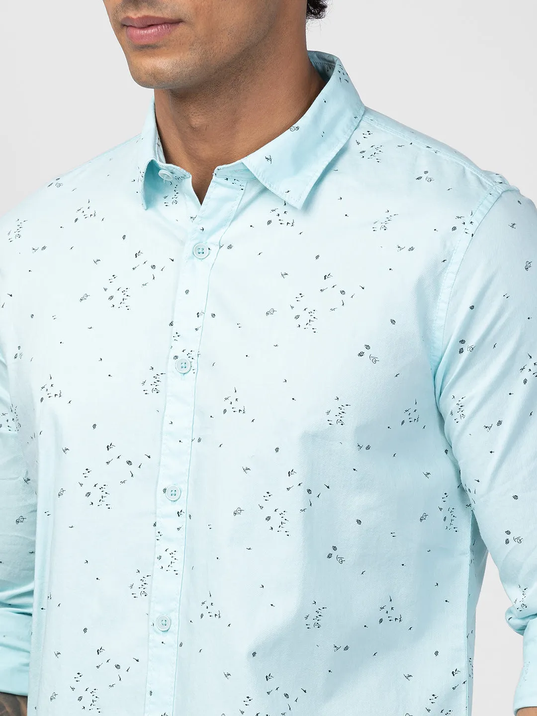 Spykar Men Bleached Aqua Cotton Slim Fit Printed Shirt