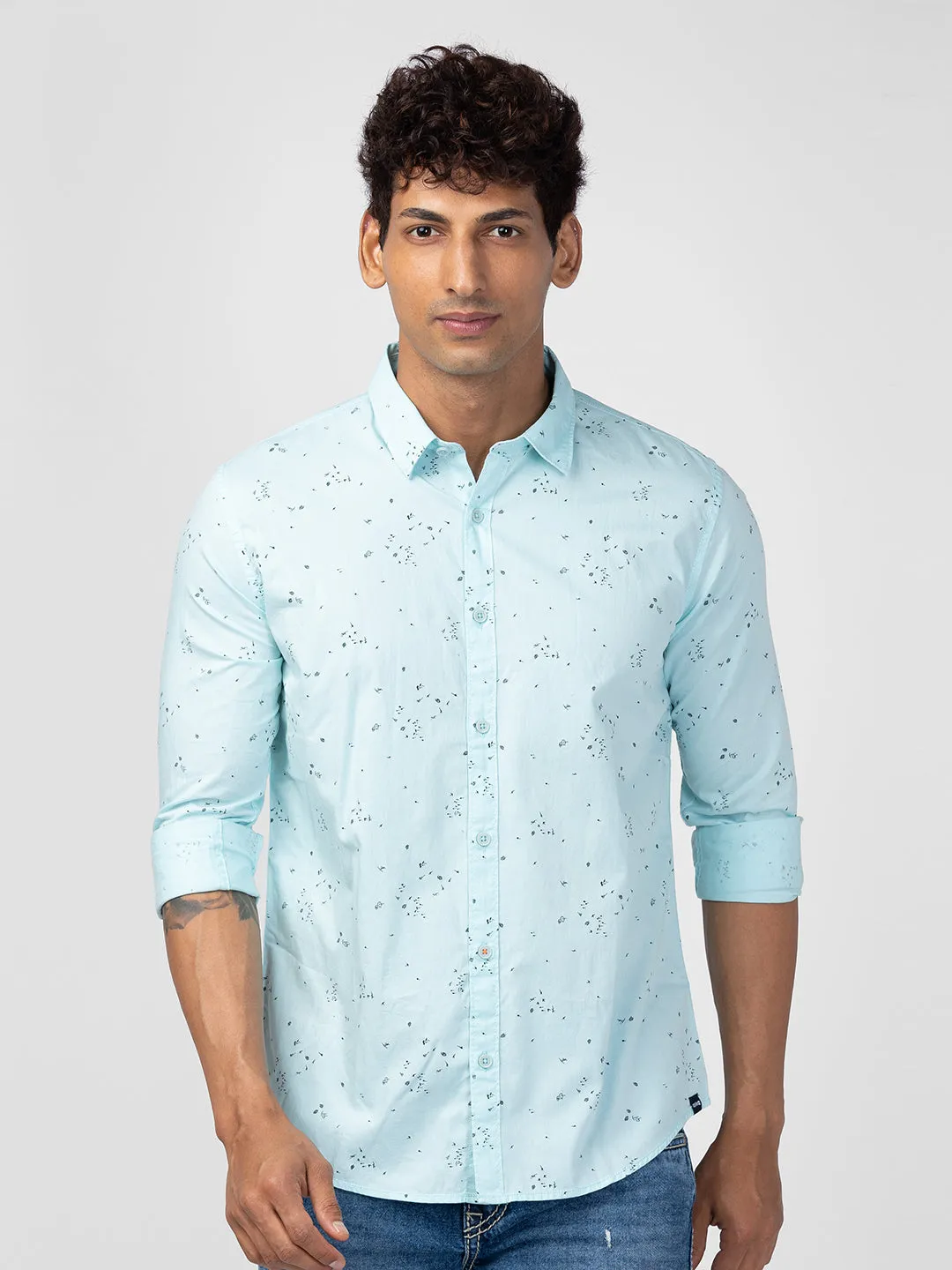 Spykar Men Bleached Aqua Cotton Slim Fit Printed Shirt