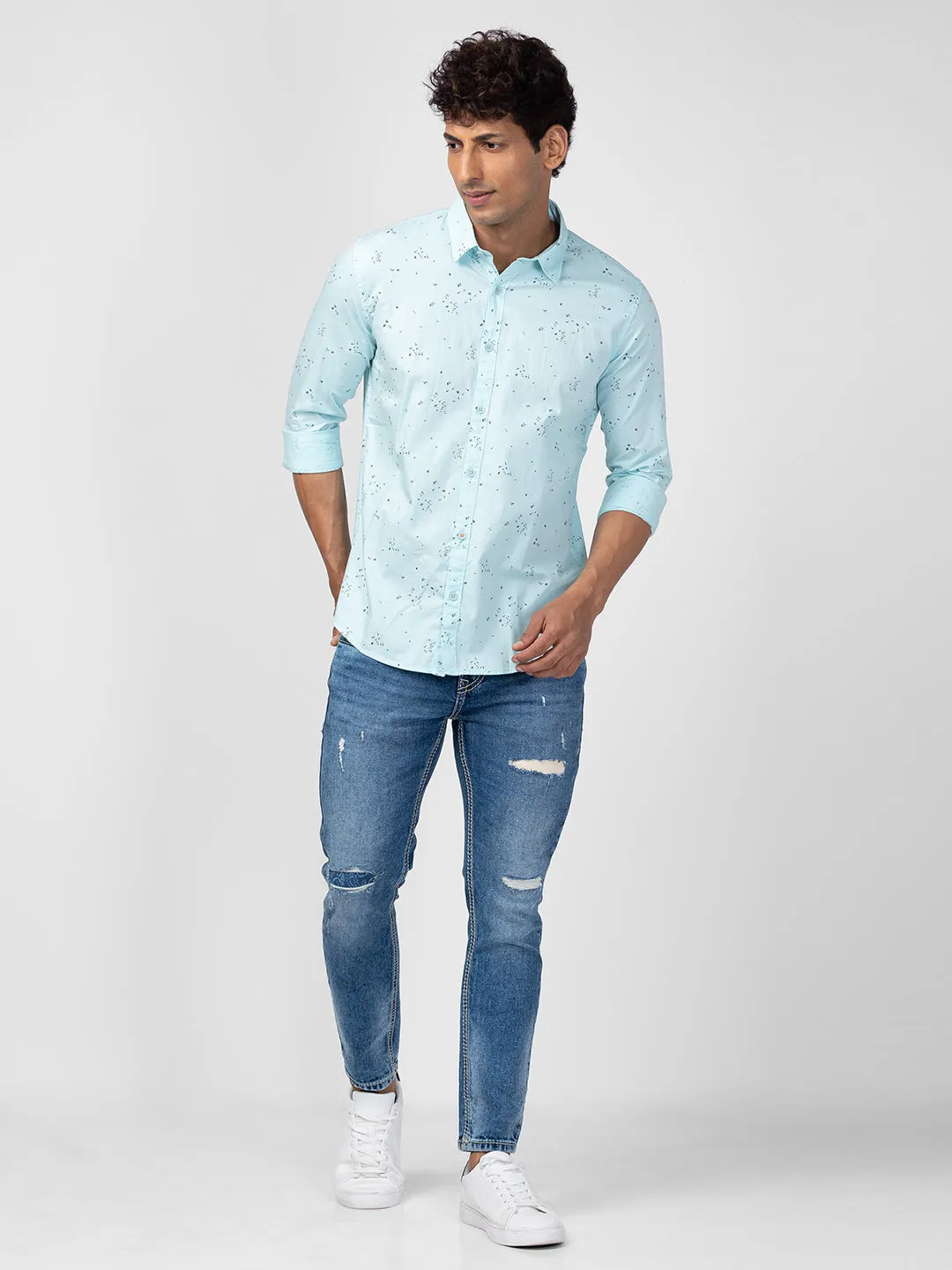 Spykar Men Bleached Aqua Cotton Slim Fit Printed Shirt