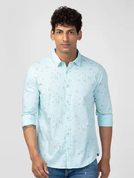 Spykar Men Bleached Aqua Cotton Slim Fit Printed Shirt