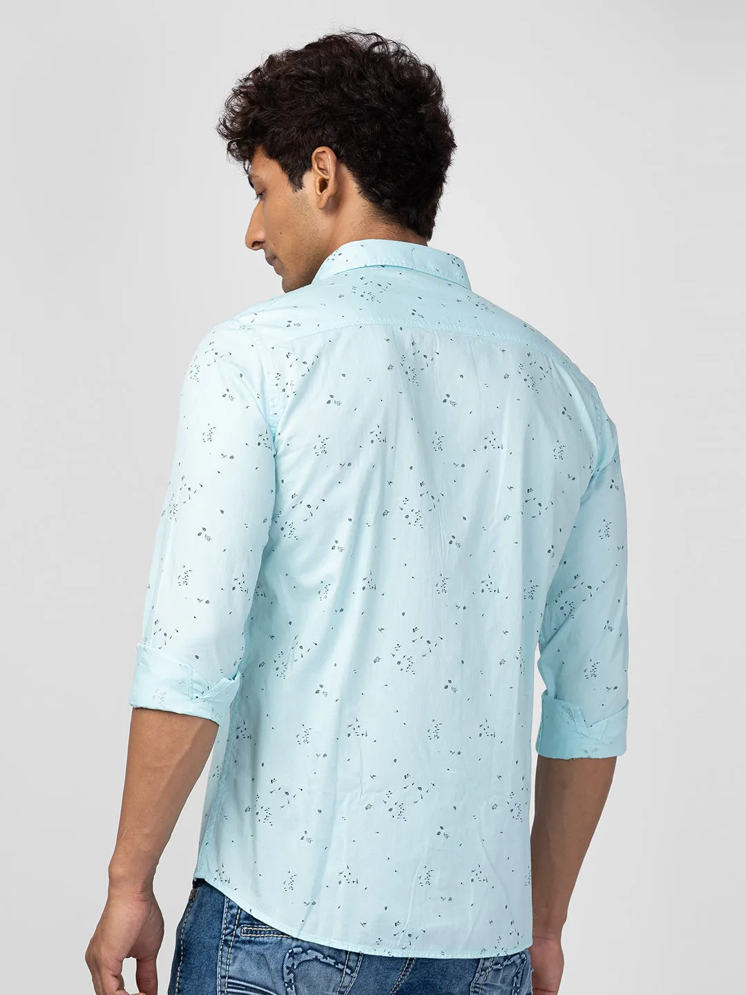 Spykar Men Bleached Aqua Cotton Slim Fit Printed Shirt