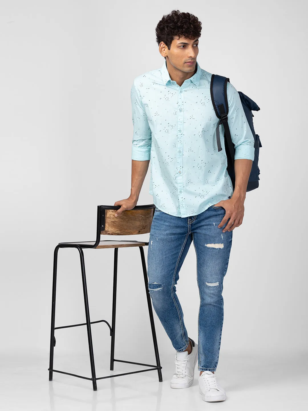 Spykar Men Bleached Aqua Cotton Slim Fit Printed Shirt