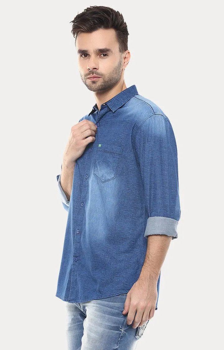 Spykar Men Blue Striped Slim Fit Casual Shirt