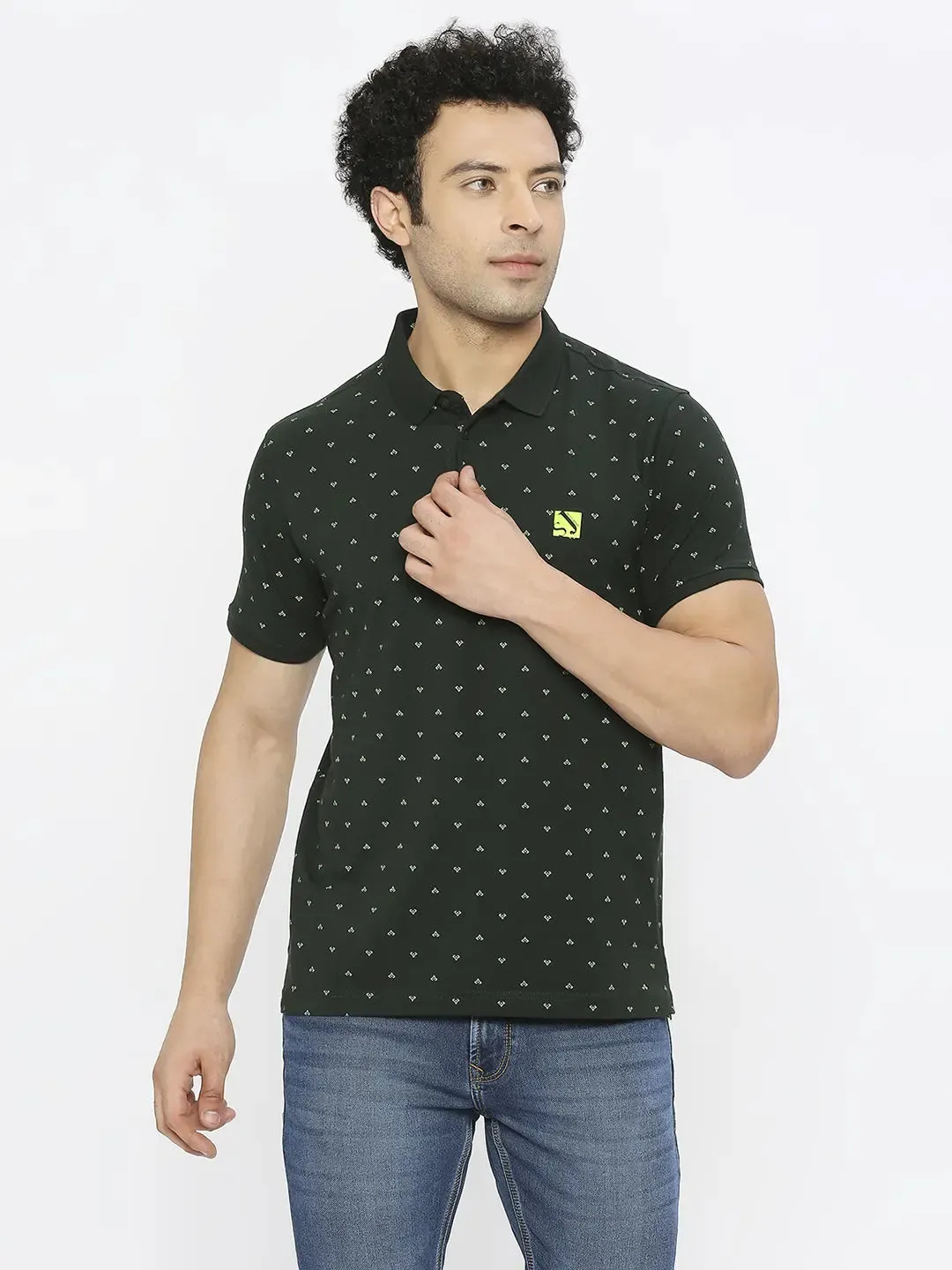 Spykar Men Bottle Green Blended Regular Fit Half Sleeve Printed Polo Tshirt