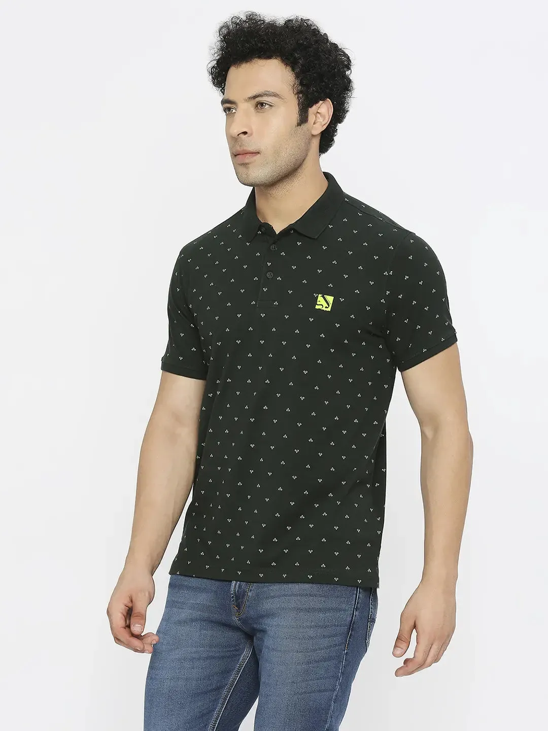 Spykar Men Bottle Green Blended Regular Fit Half Sleeve Printed Polo Tshirt