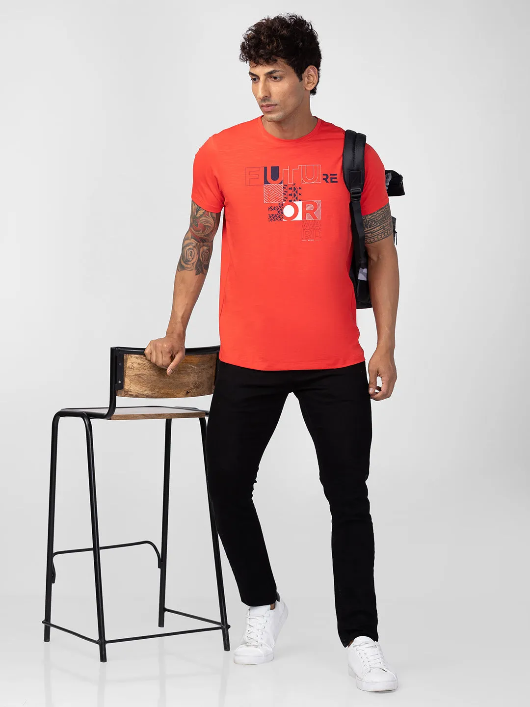 Spykar Men Deep Coral Cotton Regular Fit Half Sleeve Printed T-Shirt